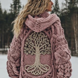 Women's Vintage Viking Tree Of Life Cozy Knit Hooded Sweater