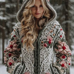 Women's Celtic Knot Christmas Flower Winter Violin Jacquard Zipper Hooded Sweater