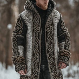 Men's Viking Celtic Knot Chunky Knit Colorblock Cozy Hooded Cardigan