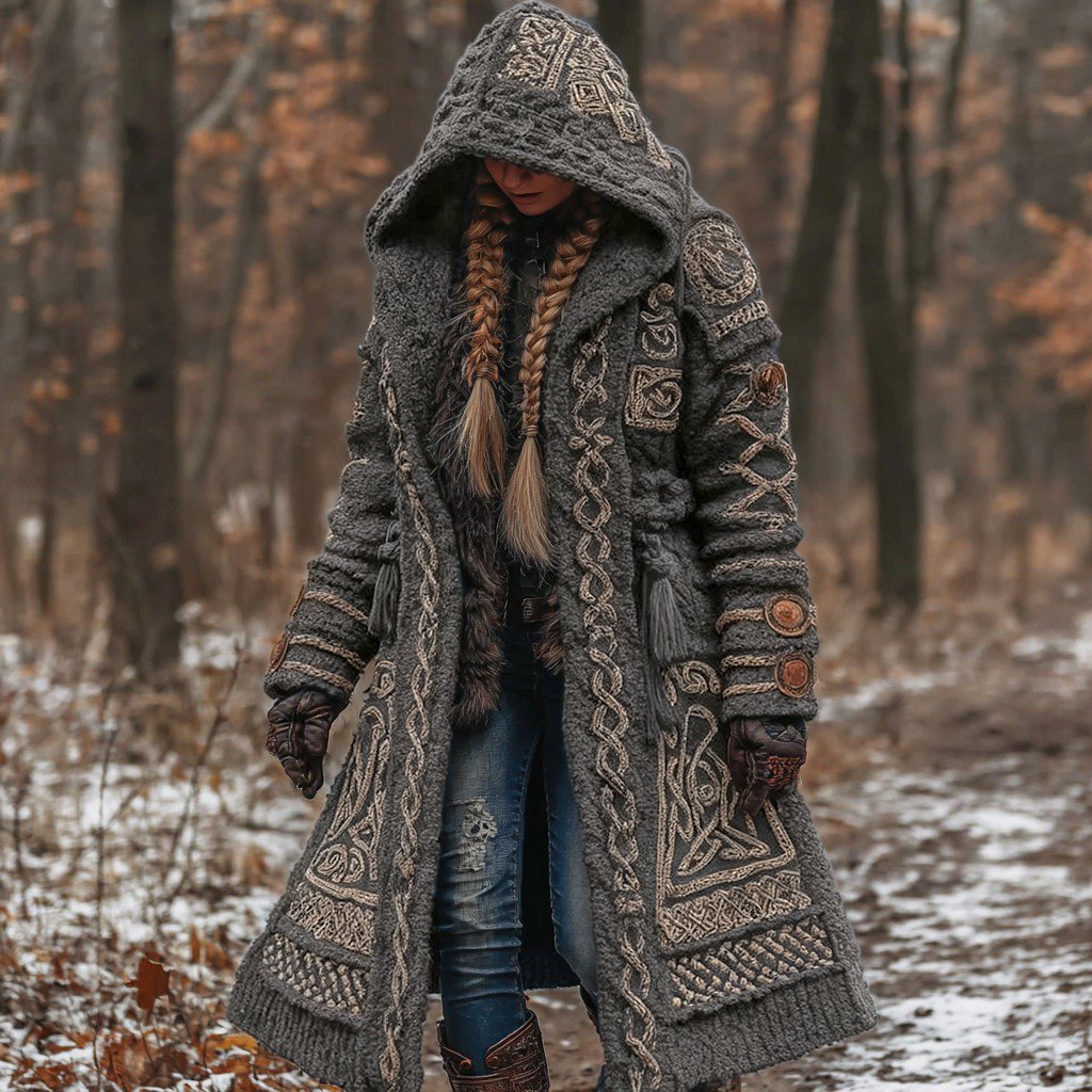 Women's Vintage Viking Celtic Knot Knit Long Sweater Jacket - Image 5