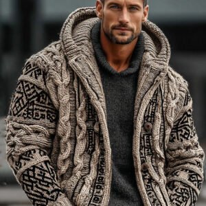 Men's Viking Tribal Art Jacquard Cozy Cardigan Sweater