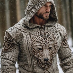 Vintage Viking Wolf Head Men's Chunky Knit Hooded Sweater