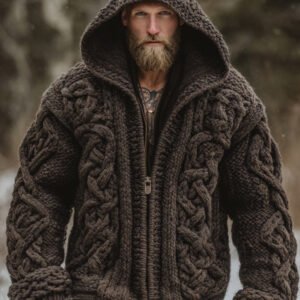 Men's Vintage Viking Celtic Knot Art Chunky Knit Hooded Zip-up Sweater