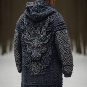 Men's Viking Dragon Head Celtic Knot Pocket Mid-length Cardigan