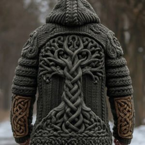 Men's Viking Celtic Knot Tree Of Life Knit Thick Zip Hooded Sweater