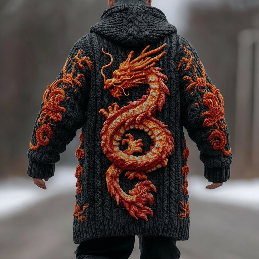Men's Viking Dragon Art Thick Long Knit Cardigan Sweater - Image 2