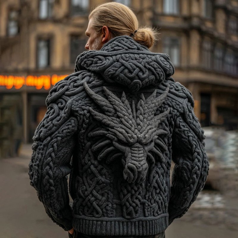 Men's Viking Celtic Dragon Jacquard Cozy Casual Hooded Sweater - Image 2