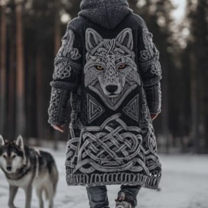 Men's Viking Style Celtic Knot Wolf Head Sweater Cardigan