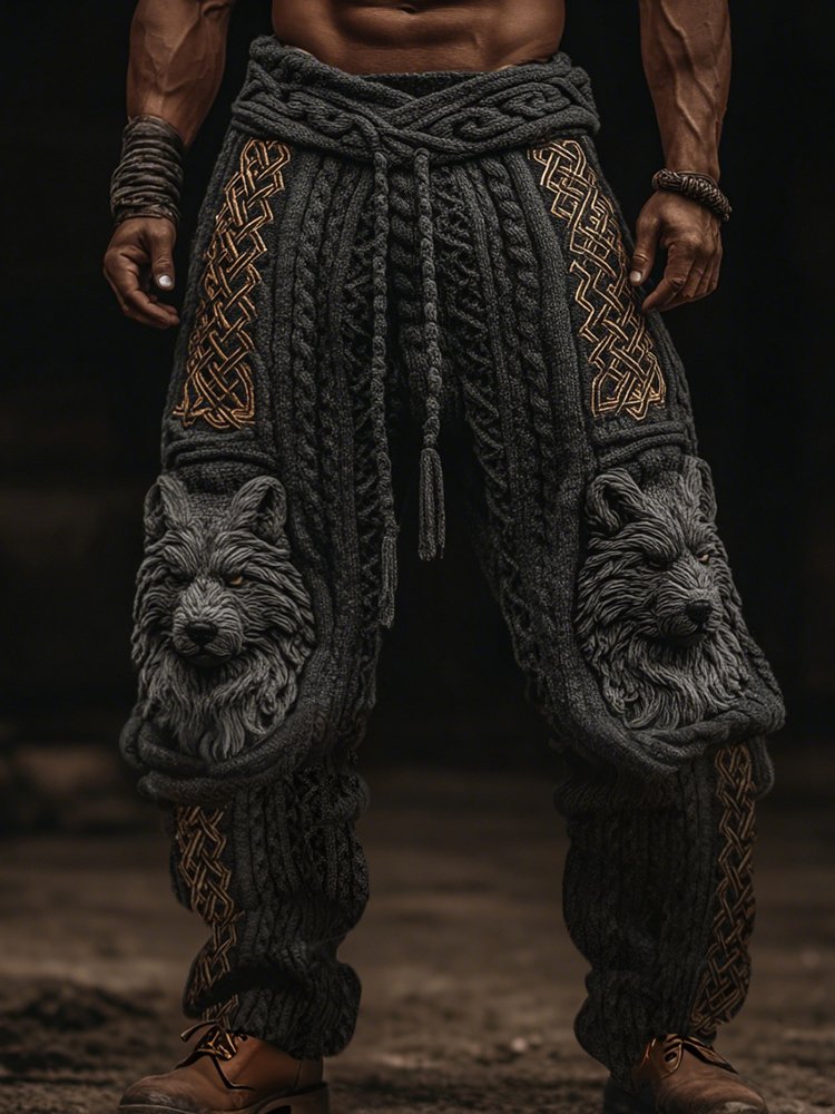 Men's Vintage Viking Wolf Celtic Knot Cozy Chunky Knit Sweatpants