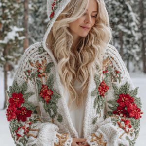 Women's Christmas Flower Celtic Knot Jacquard Button Chunky Hooded Sweater