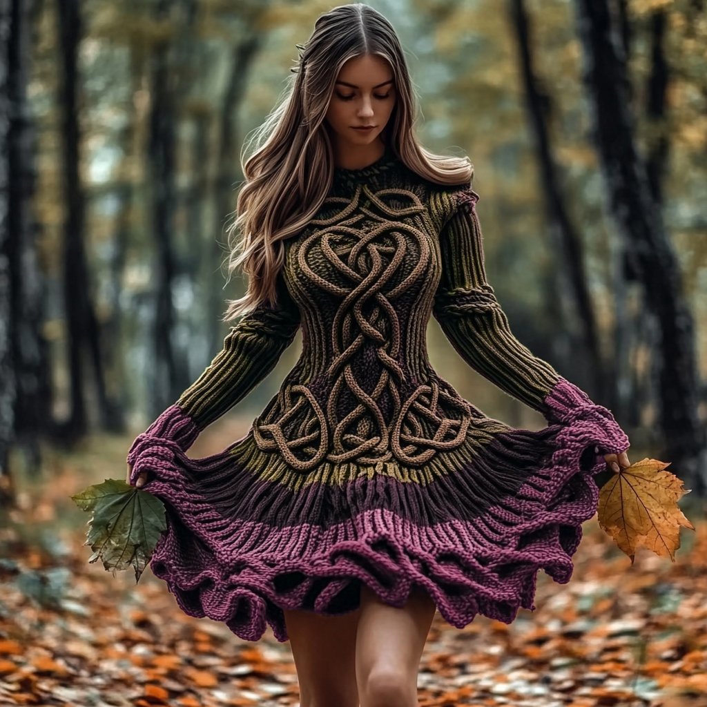 Women's Celtic Knotted Gradient Contrasting Colors Sweater Dress - Image 5