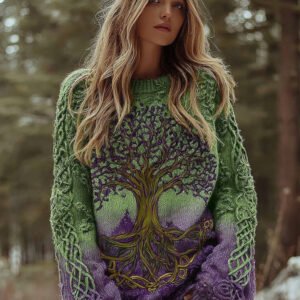 Women's Vintage Viking Tree Of Life Gradient Art Crew Neck Sweater