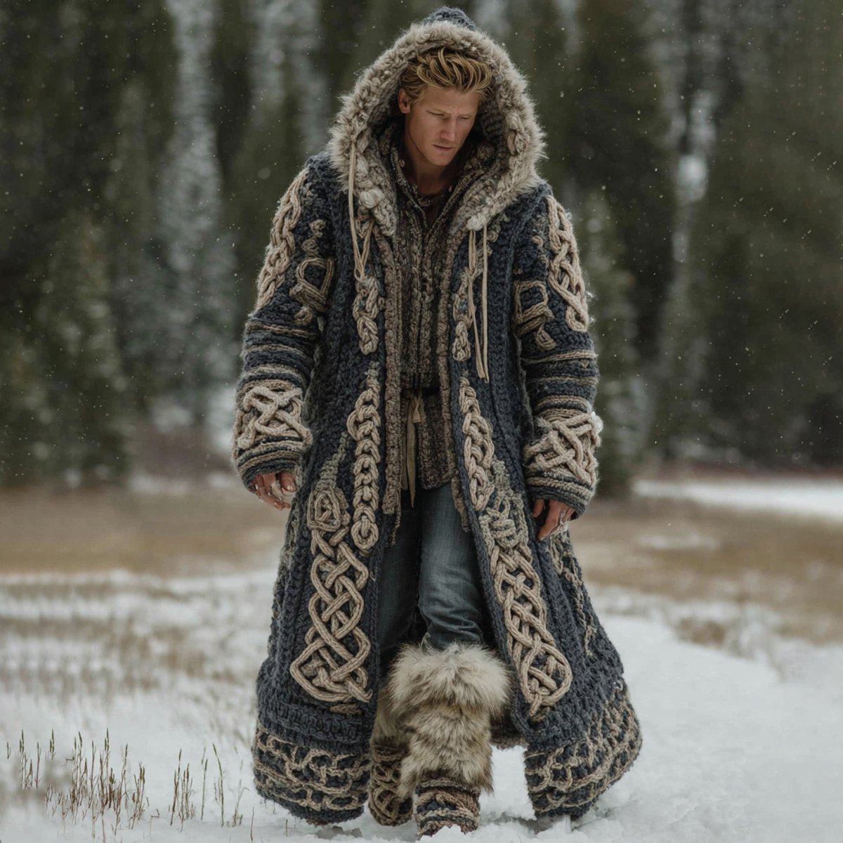 Men's Viking Celtic Knot Art Pocket Mid-length Fur Collar Chunky Knit Cardigan Sweater - Image 2