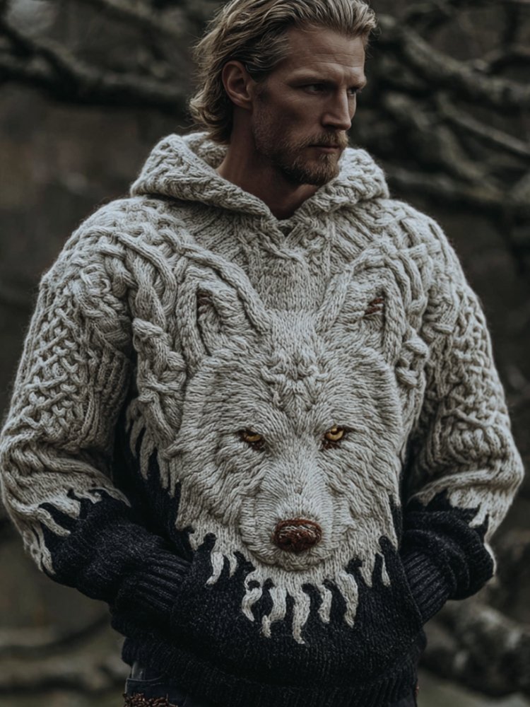 Men's Viking Style Wolf Headed Hooded Sweater