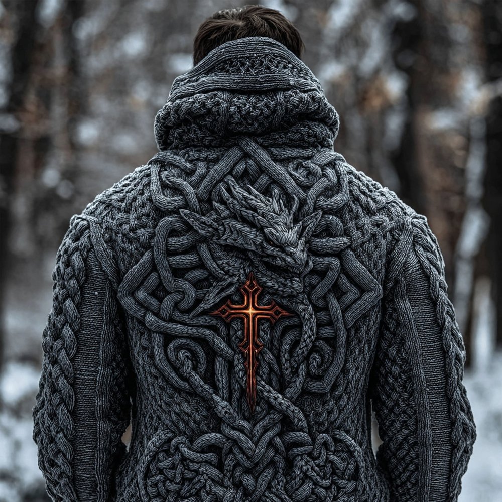 Men's Vintage Viking Celtic Dragon Chunky Hooded Sweater - Image 2