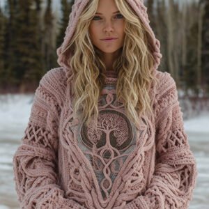 Women's Vintage Viking Tree Of Life Celtic Knot Cozy Knit Hooded Sweater