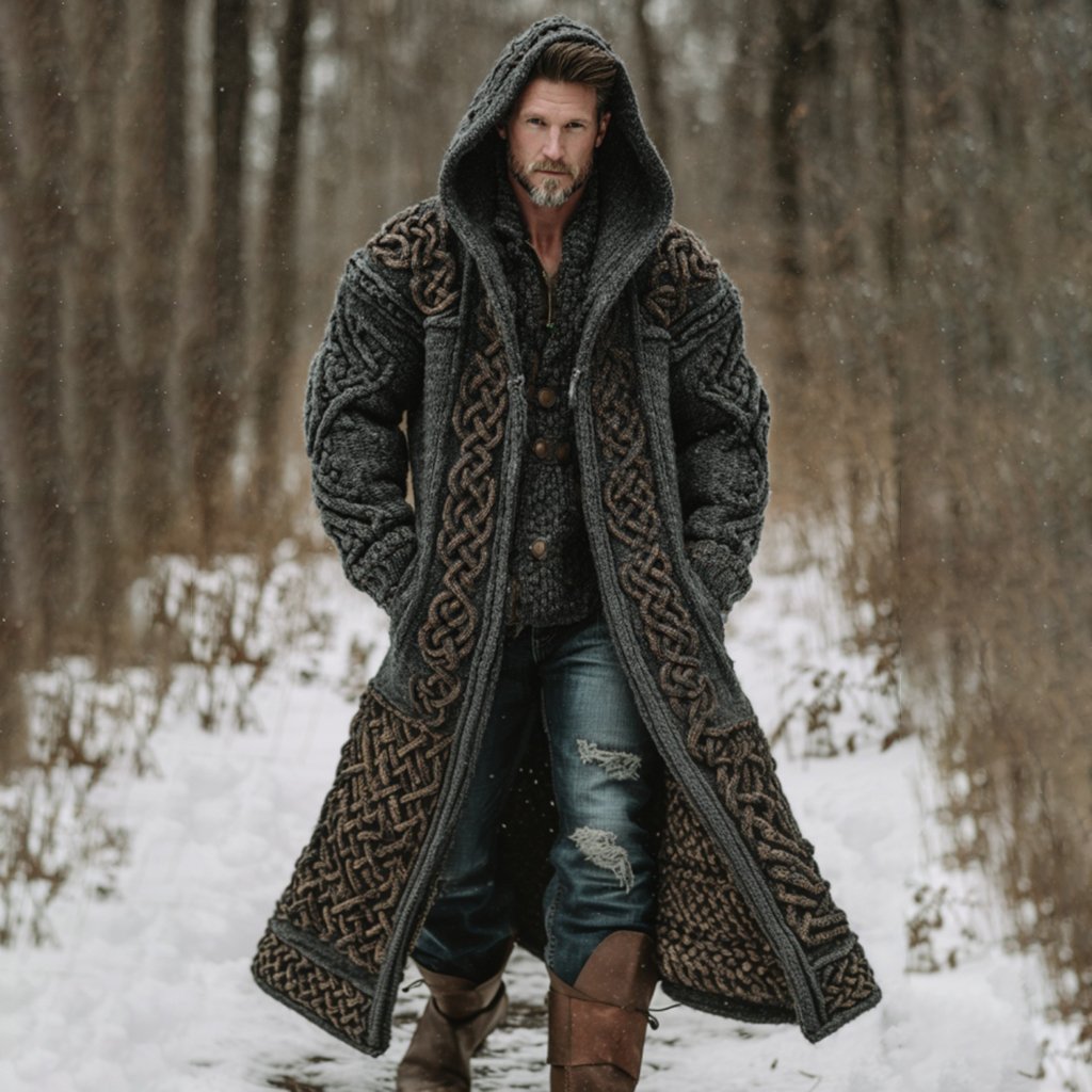 Men's Viking Celtic Knot Art Mid-length Chunky Knit Cardigan Sweater - Image 2