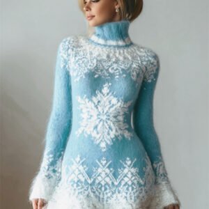 Classy Snowflakes Contrast Turtleneck Cozy Knit Sweater Dress