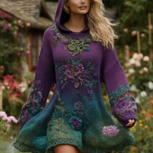 Women's Vintage Purple Floral Art Graphic Cozy Knit Hooded Dress