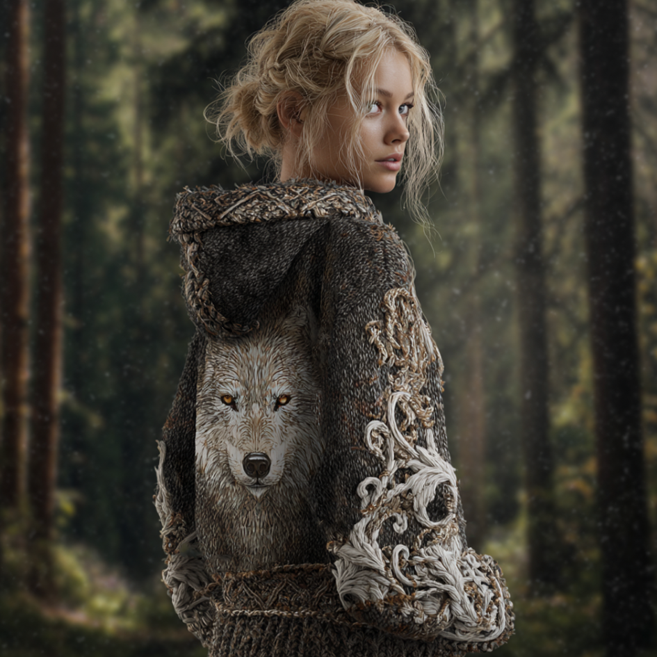 Viking Retro Style Wolf Element Women's Hooded Knit Sweater - Image 2