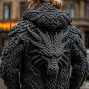 Men's Viking Celtic Dragon Jacquard Cozy Casual Hooded Sweater