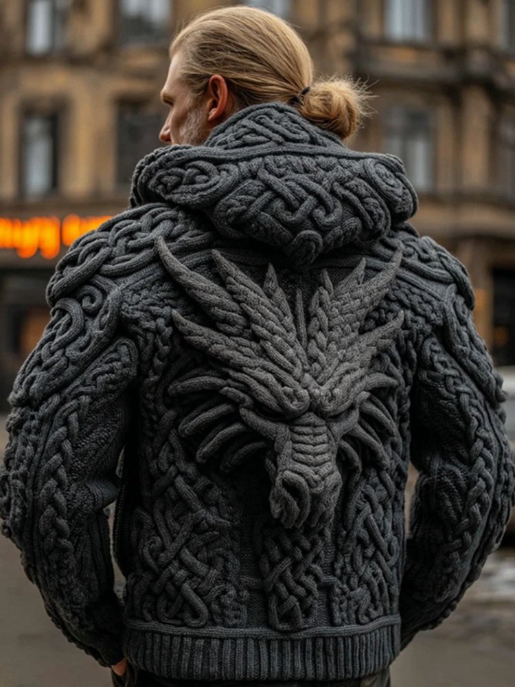 Men's Viking Celtic Dragon Jacquard Cozy Casual Hooded Sweater