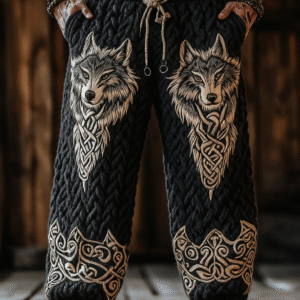 Men's Viking Celtic Knot Wolf Art Wide Leg Warm Knit Pants