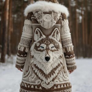 Women's Tribal Wolf Face Knitted Jacquard Long Zipper Fur Collar Cardigan
