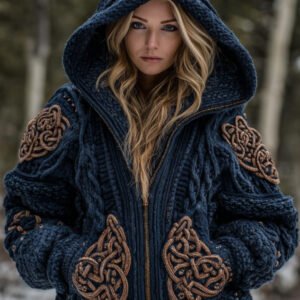 Women's Viking Celtic Knot Cozy Warm Knit Full Zip Hooded Sweater