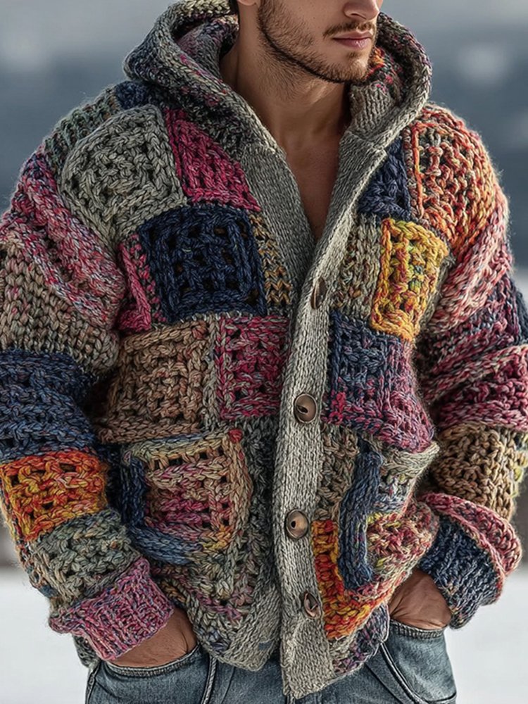 Men's Retro Geometric Knitted Warm Button Hooded Sweater