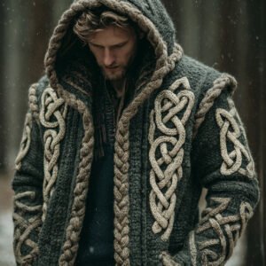 Men's Viking Intricate Celtic Knot Pocket Mid-length Cardigan Sweater