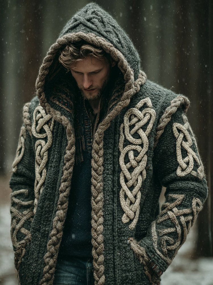 Men's Viking Intricate Celtic Knot Pocket Mid-length Cardigan Sweater