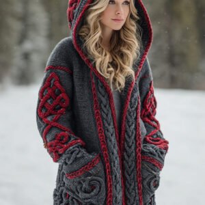 Women's Viking Celtic Knot Art Warm Knit Hooded Jacket