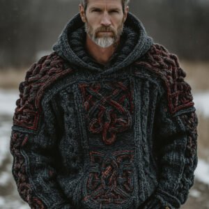 Men's Retro Contrast Celtic Knot Hooded Sweater