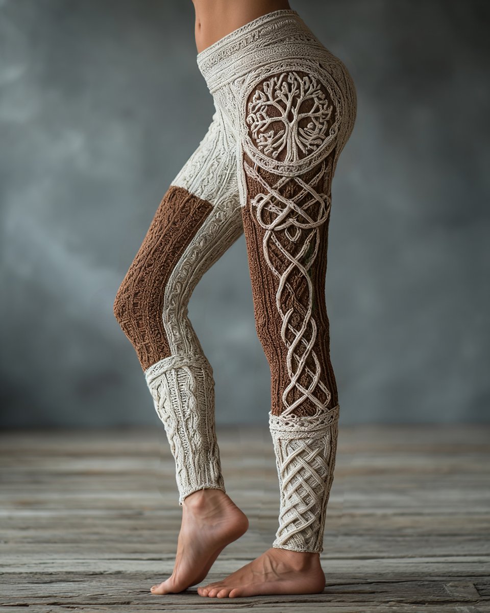 Vintage Viking Tree Of Life Celtic Knot Art Knit Jacquard Cozy Leggings - Image 4