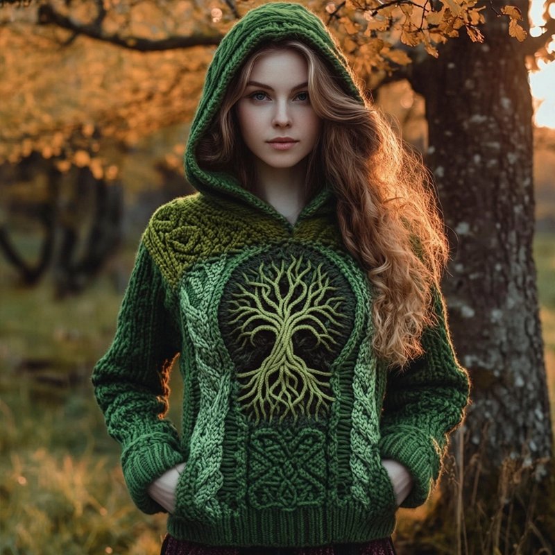 Viking Tree Of Life Knit Pattern Women's Hooded Sweater - Image 2