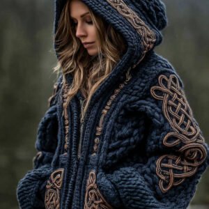 Women's Viking Celtic Knot Cozy Warm Knit Full Zip Hooded Sweater