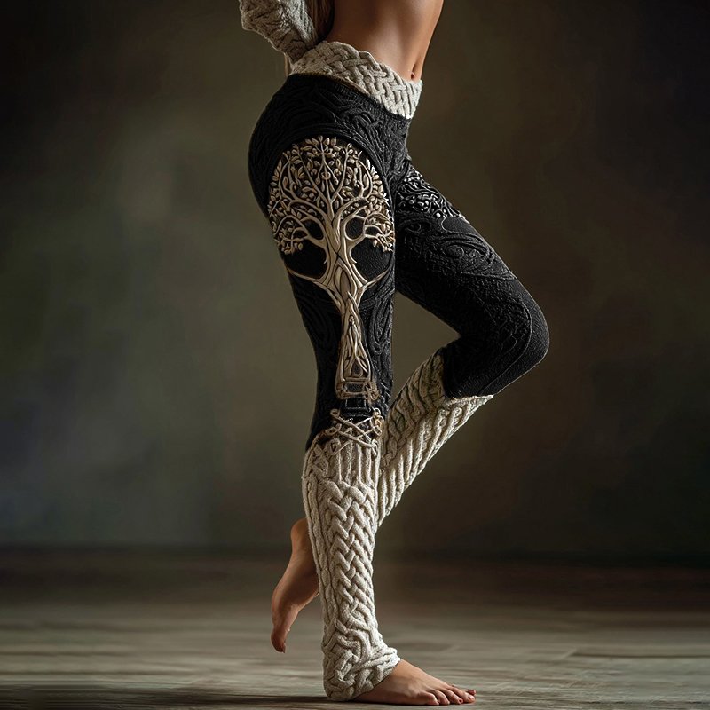 Vintage Viking Tree Of Life Celtic Knot Art Knit Cozy Leggings - Image 3