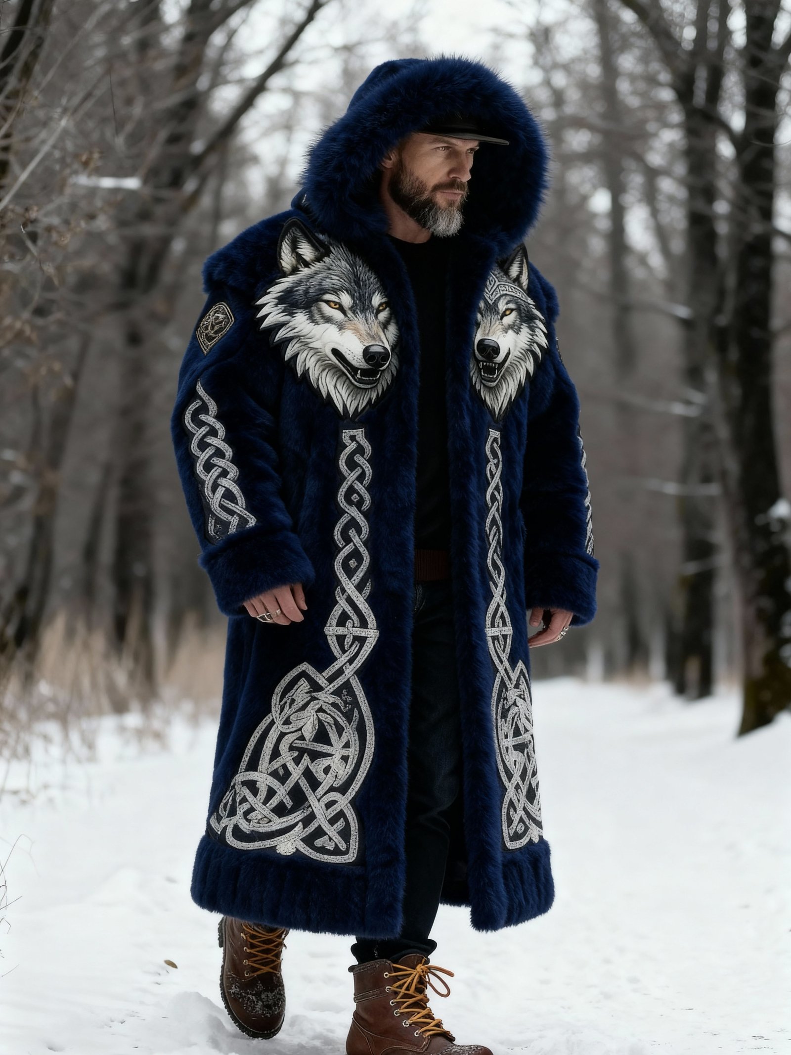 Men's Viking Wolf Fur Length Coat - Image 2
