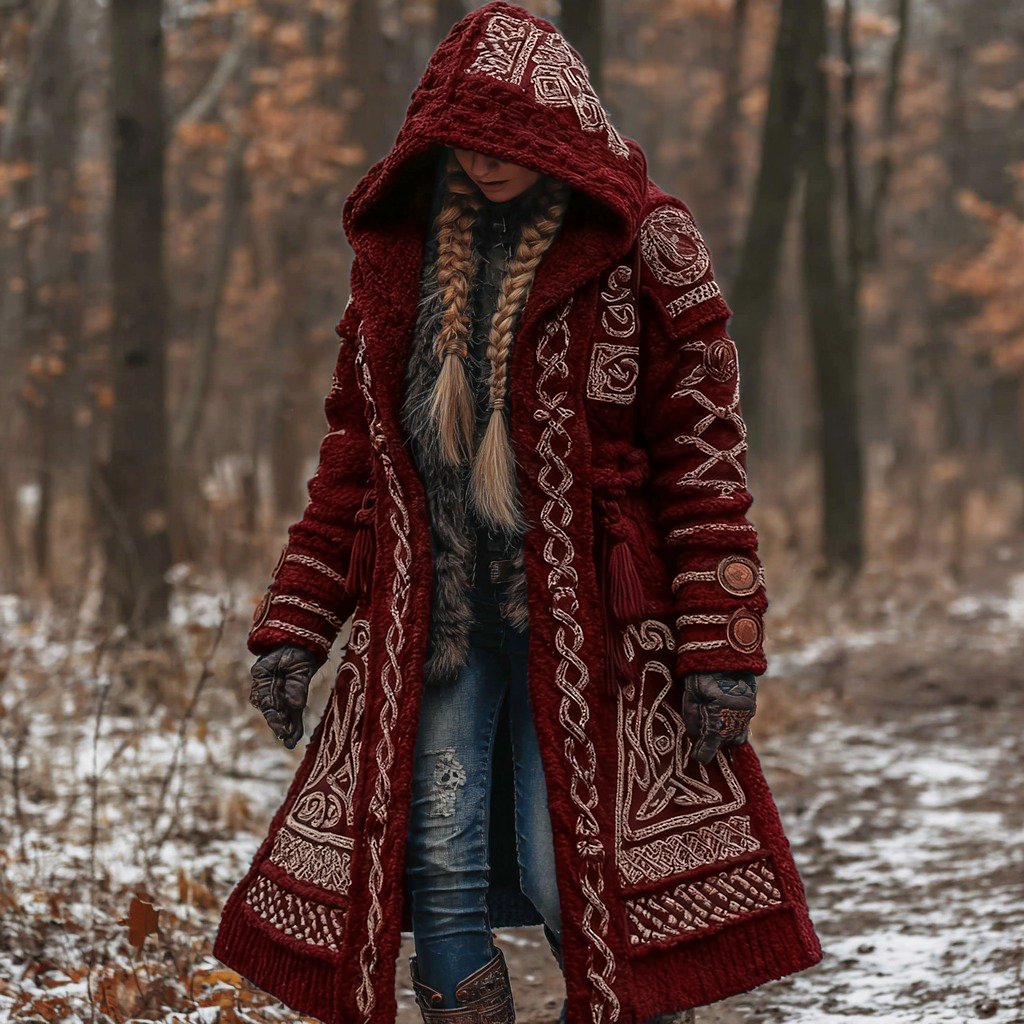 Women's Vintage Viking Celtic Knot Knit Long Sweater Jacket - Image 4