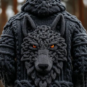 Men's Viking Wolf Totem Chunky Knit Hooded Cardigan