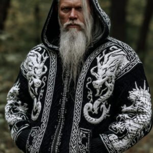 Men's Viking Style Double Dragon Mythology Hooded Cardigan Sweater