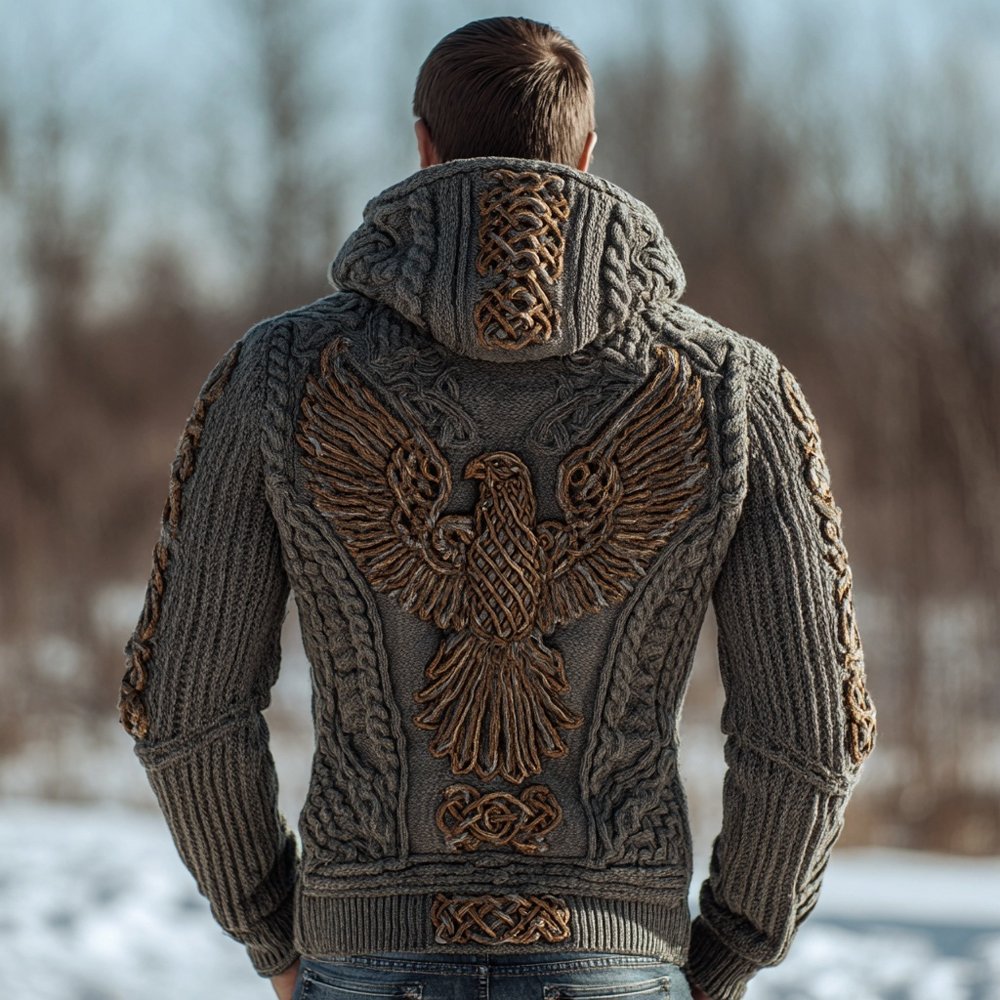 Men's Viking Tribal Eagle Celtic Cozy Hooded Sweater - Image 2