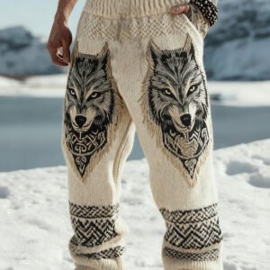 Men's Viking Wolf Celtic Knot Art Wide Leg Warm Knit Pants