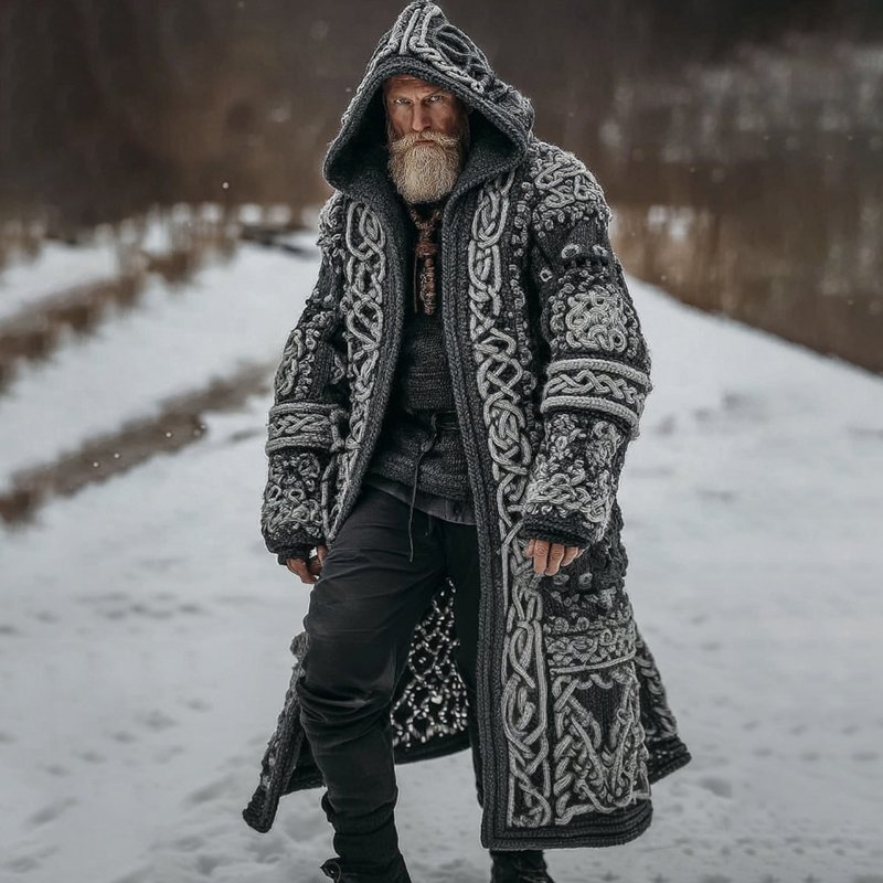 Men's Viking Celtic Knot Art Pocket Mid-length Hooded Cardigan Sweater - Image 2