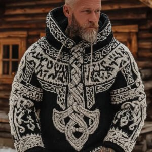 Men's Vintage Viking Celtic Pattern Art Knit Hooded Sweater