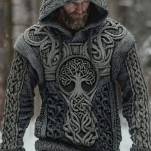 Men's Vintage Tree Of Life Chunky Knit Hooded Sweater