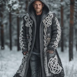 Men's Viking Intricate Celtic Knot Colorblock Pocket Mid-length Cardigan Sweater