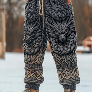 Men's Viking Dragon Celtic Knot Art Wide Leg Warm Knit Pants