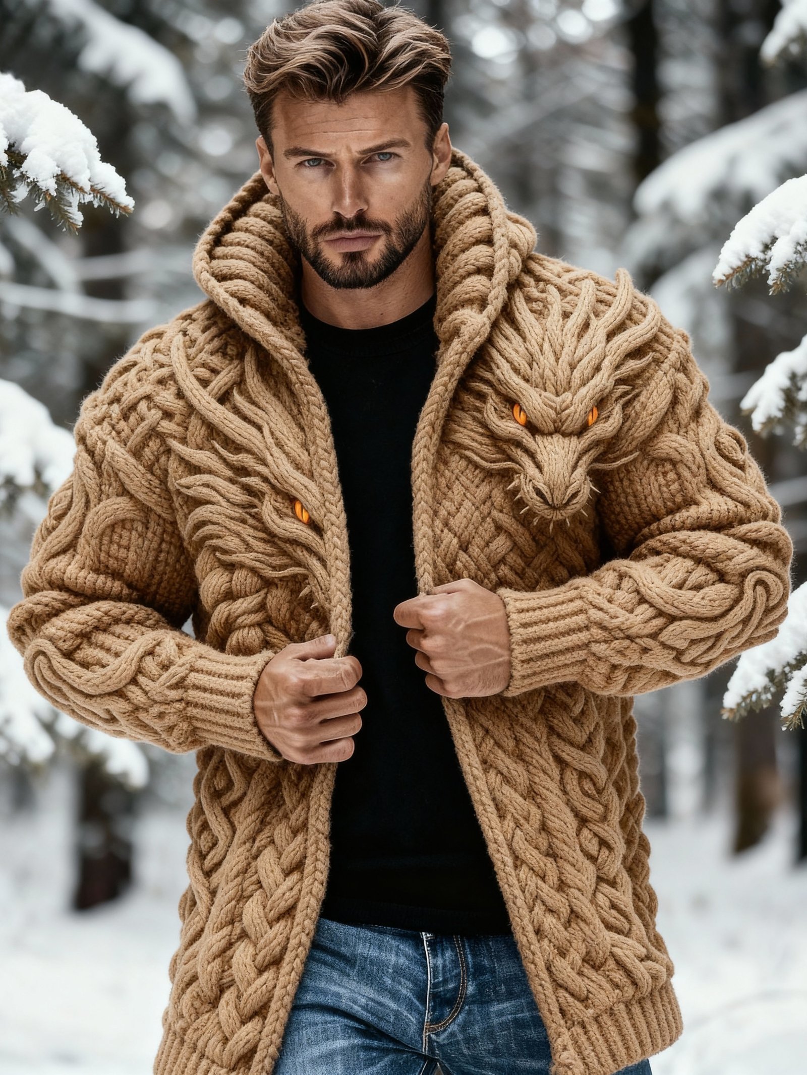 Men's Retro Wolf Head Celtic Knot Jacquard Chunky Knit Mid-Length Cardigan Sweater - Image 2
